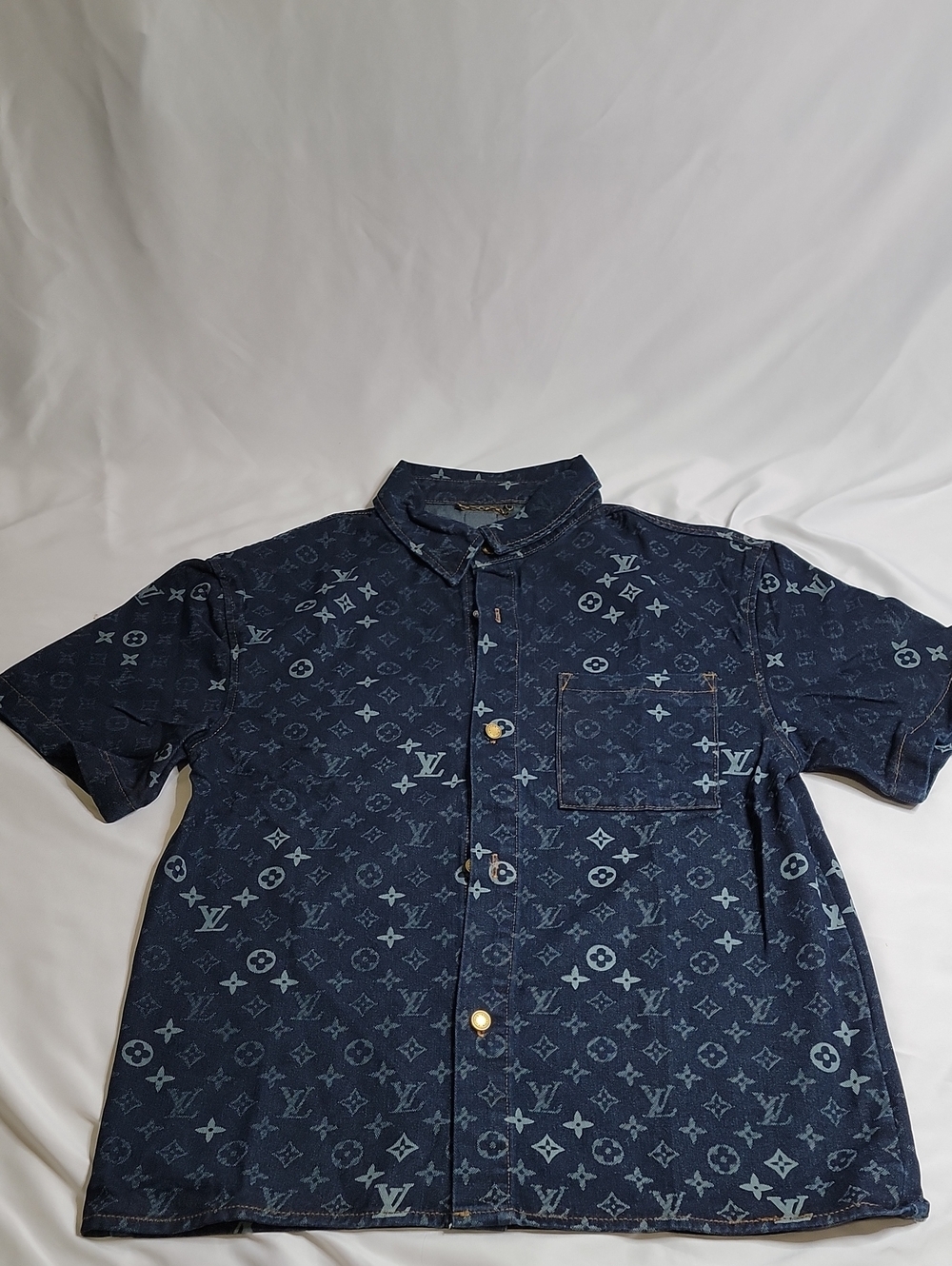 Louis Vuitton Men's Denim Navy Monogram Button-Down Shirt